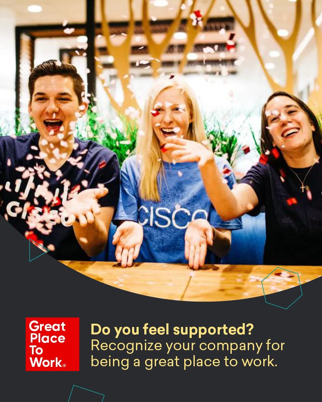 Employee-story campaign image showing people at work.
