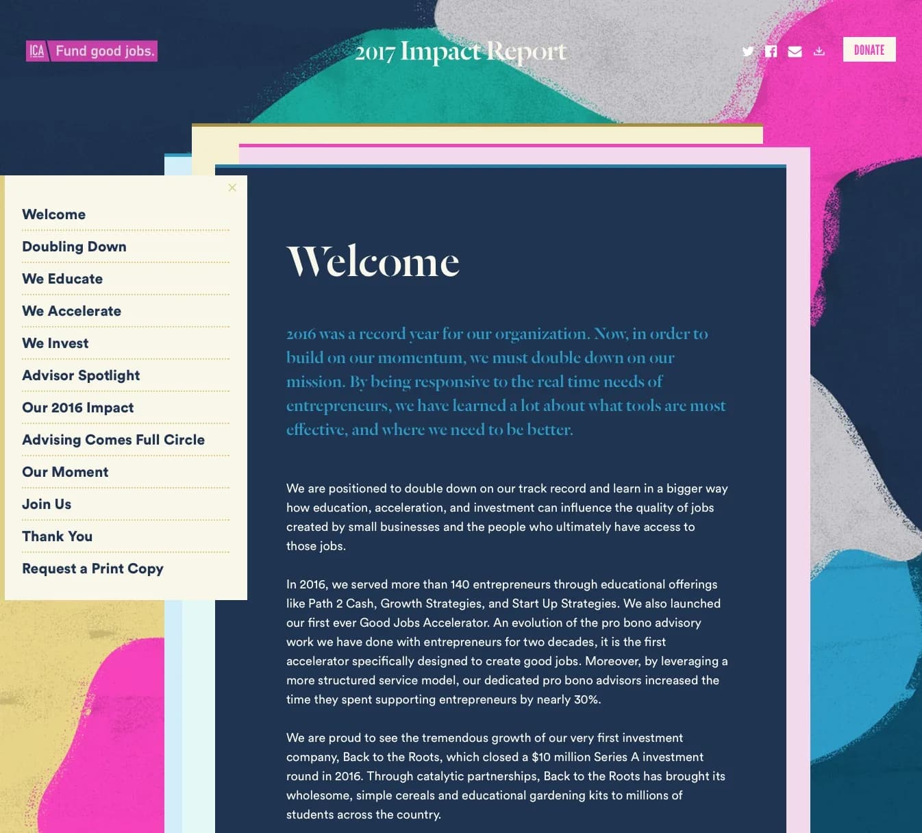 2017 Impact Report digital edition navigation and welcome page.